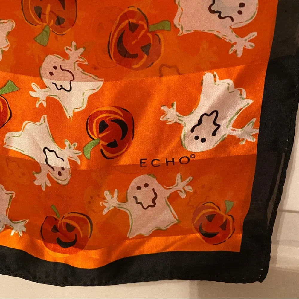 ECHO SCARF HALLOWEEN PUMPKINS GHOSTS ORANGE BLACK WHITE SQUARE SILK?